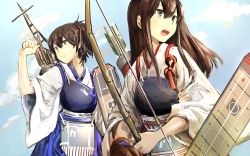 Rule 34 | 10s, 2girls, akagi (kancolle), archery, arrow (projectile), bad id, bad pixiv id, bow (weapon), brown eyes, brown gloves, brown hair, day, flight deck, gloves, kaga (kancolle), kantai collection, kyuudou, long hair, mono (nekogoya), multiple girls, muneate, open mouth, quiver, side ponytail, wallpaper, weapon