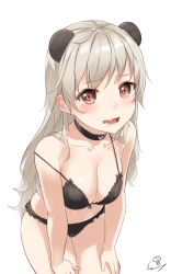 Rule 34 | 1girl, animal ears, bare shoulders, black bra, black legwear, black neckwear, black panties, blush, bra, breasts, choker, cleavage, collar, collarbone, commentary request, drooling, grey hair, hands on own knees, hands on thighs, heart, heart choker, highres, leaning forward, long hair, looking at viewer, medium breasts, navel, open mouth, original, panties, parted lips, saliva, signature, simple background, solo, standing, stomach, straight hair, strap slip, underwear, underwear only, wet.elephant, white background