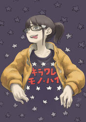 Rule 34 | 1girl, @ @, bags under eyes, black-framed eyewear, black background, black eyes, black hair, black shirt, blending, broken eyewear, chiyo maru, collarbone, commentary request, evil smile, furrowed brow, glasses, jacket, long sleeves, looking to the side, looking up, open clothes, open jacket, open mouth, original, ponytail, print shirt, raised eyebrows, rectangular eyewear, shirt, short hair, signature, smile, solo, star (symbol), star print, starry background, text print, tongue, tongue out, upper body, yellow jacket