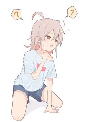 Rule 34 | 1other, ?, absurdres, ahoge, androgynous, bare arms, bare legs, blue shorts, brown eyes, colored inner hair, commentary, flying sweatdrops, grey hair, hair between eyes, hand on own throat, highres, long hair, messy hair, multicolored hair, off shoulder, onii-chan wa oshimai!, open mouth, other focus, oyama mahiro, pink hair, shirt, short shorts, short sleeves, shorts, simple background, single bare shoulder, sitting, solo, spoken question mark, t-shirt, two-tone hair, white background, white shirt, yama h15