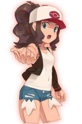 Rule 34 | 1girl, asymmetrical sleeves, baseball cap, black sleeves, blue eyes, blue shorts, breasts, brown hair, collarbone, covered navel, cowboy shot, creatures (company), cropped legs, denim, denim shorts, game freak, hat, high ponytail, hilda (pokemon), long hair, long sleeves, looking at viewer, nintendo, nyonn24, open mouth, outstretched arm, poke ball print, pokemon, pokemon bw, print headwear, reaching, reaching towards viewer, shiny skin, shirt, short shorts, shorts, simple background, single sleeve, sleeveless, sleeveless shirt, small breasts, solo, standing, torn clothes, torn shorts, uneven sleeves, white background, white hat, white shirt