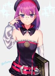 Rule 34 | 1girl, bad id, bad pixiv id, bare shoulders, belt, beret, bespectacled, book, bow, closed mouth, detached collar, detached sleeves, fate/grand order, fate (series), glasses, grey background, hat, helena blavatsky (fate), holding, holding book, leotard, looking at viewer, ofstan, purple hair, purple hat, purple leotard, red belt, short hair, simple background, smile, solo, twitter username, upper body, white bow, white sleeves
