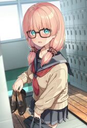 Rule 34 | 1girl, aqua eyes, bag, black-framed eyewear, black sailor collar, black skirt, blurry, blurry background, blush, cardigan, commentary request, glasses, go-1, hair ornament, hair scrunchie, highres, holding, holding bag, holding shoes, indoors, loafers, locker, long hair, long sleeves, looking at viewer, low twintails, neckerchief, original, parted lips, pink hair, pleated skirt, red neckerchief, sailor collar, school, school bag, school uniform, scrunchie, serafuku, shoes, skirt, solo, twintails, uniform, window