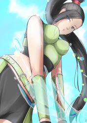 Rule 34 | 1girl, belt, black hair, blue eyes, blue sky, breasts, buckle, dragon quest, dragon quest xi, eyelashes, from below, gloves, green skirt, hair ornament, hairband, highres, lace, lens flare, long hair, looking at viewer, martina (dq11), open mouth, outdoors, ponytail, shorts, skirt, sky, solo, square enix, standing, sweat, very long hair, water