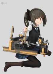 Rule 34 | 1girl, :d, astg, bad id, bad twitter id, black hair, black pantyhose, blue skirt, boots, bow, brown hair, collared shirt, full body, grey background, hair bow, looking at viewer, machinery, mecha musume, necktie, open mouth, original, pantyhose, pleated skirt, ponytail, school uniform, shirt, simple background, sitting, skirt, smile, solo, sweater vest, wariza