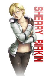 Rule 34 | 1girl, aged up, blonde hair, blue eyes, blush, breasts, capcom, character name, coat, collarbone, covering privates, covering breasts, fur collar, fur trim, navel, no bra, open clothes, open coat, pants, resident evil, resident evil 2, resident evil 6, sherry birkin, short hair, solo, thor (deep rising), winter clothes