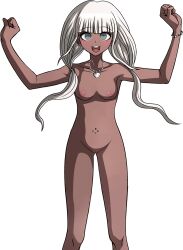 Rule 34 | arms up, bare arms, bare hips, bare legs, bare shoulders, bellybutton piercing, blue eyes, blush, breasts, cleft of venus, collarbone, completely nude, danganronpa (series), danganronpa s: ultimate summer camp, dark-skinned female, dark skin, ears, excited, eyebrows, eyelashes, feet out of frame, full body, hands up, happy, highres, jewelry, kosine1777, long hair, looking at viewer, navel, necklace, nipples, nude, open mouth, piercing, pussy, seashell, seashell bracelet, shell, shell necklace, simple background, small breasts, standing, teeth, tongue, twintails, upper teeth only, white eyes, wristband, yonaga angie