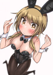Rule 34 | 1girl, animal ears, bare shoulders, black leotard, blonde hair, blurry, blush, bow, bowtie, breasts, brown eyes, brown pantyhose, closed mouth, commentary request, covered navel, depth of field, detached collar, fake animal ears, fake tail, hair between eyes, hands up, highres, ichii yui, large breasts, leotard, long hair, looking at viewer, low twintails, nail polish, pantyhose, pink nails, playboy bunny, rabbit ears, rabbit tail, simple background, solo, strapless, strapless leotard, sweatdrop, tail, tatsunokosso, traditional bowtie, twintails, white background, wrist cuffs, yuyushiki