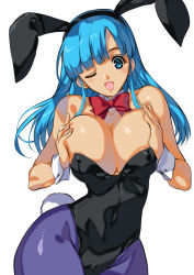 Rule 34 | 1girl, animal ears, black leotard, blue eyes, blue hair, blue pantyhose, bow, bowtie, breasts, bulma, cameltoe, cleavage, commentary request, cowboy shot, curvy, detached collar, dragon ball, dragon ball (classic), fake animal ears, highleg, highleg leotard, highres, large breasts, leotard, long hair, looking at viewer, pantyhose, playboy bunny, rabbit ears, red bow, red bowtie, shiny clothes, shiny skin, simple background, solo, strapless, strapless leotard, tamiya akito, white background, wrist cuffs