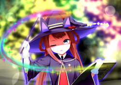 Rule 34 | 1girl, animal ears, ao komhur, black cloak, black hat, black necktie, blurry, blurry background, book, bow, cloak, commentary request, ear bow, ear covers, gloves, hair rings, hat, highres, holding, holding book, holding wand, horse ears, horse girl, lens flare, necktie, one eye closed, open mouth, outdoors, purple eyes, red bow, red sweater, smile, solo, sparkle, sweater, sweep tosho (umamusume), umamusume, wand, white gloves, witch hat