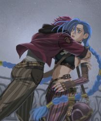 Rule 34 | 2girls, arcane: league of legends, arcane jinx, arcane vi, asymmetrical bangs, belt, blue nails, braid, breasts, brown pants, commentary request, crop top, crying, gatling gun, gradient background, grey background, highres, hood, hood down, hooded jacket, hug, jacket, jinx (league of legends), league of legends, long hair, minigun, multiple girls, nail polish, navel, open mouth, pants, pink pants, rae keranbing, red hair, red jacket, shirt tucked in, short hair, siblings, sisters, small breasts, stomach, striped clothes, striped pants, tears, teeth, twin braids, upper teeth only, very long hair, vi (league of legends)