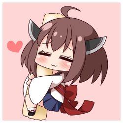 Rule 34 | 1girl, :3, ahoge, back bow, black footwear, blue skirt, blush, bow, brown background, brown hair, chibi, chikuwa, closed eyes, closed mouth, commentary request, facing viewer, food, full body, hana kazari, headgear, heart, japanese clothes, kimono, long hair, long sleeves, hugging object, pleated skirt, red bow, skirt, socks, solo, touhoku kiritan, voiceroid, white kimono, white socks, wide sleeves