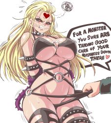Rule 34 | 1girl, armband, bdsm, black sclera, blonde hair, blush, bondage, bound, breasts, clenched teeth, colored sclera, commentary, dominatrix, english commentary, english text, facial mark, glasgow smile, heart, highres, kaijin hime do-s, large breasts, lewdamone, long hair, navel, o-ring, one-punch man, panties, panty pull, red eyes, simple background, speech bubble, stomach, teeth, thigh strap, underboob, underwear, upper body, white background