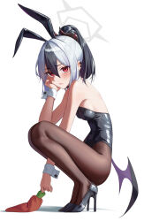 Rule 34 | 1girl, absurdres, animal ears, black footwear, black hair, black horns, black leotard, black pantyhose, blue archive, blush, breasts, closed mouth, demon horns, demon wings, fake animal ears, grey hair, grey halo, hair between eyes, halo, high heels, highres, horns, kayoko (blue archive), leotard, long hair, looking at viewer, ly 7317, multicolored hair, pantyhose, ponytail, rabbit ears, red eyes, simple background, single wing, small breasts, solo, squatting, strapless, strapless leotard, white background, wings