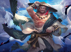 Rule 34 | 1boy, alcohol, bara, beard, bird, brown hair, crane (animal), day, facial hair, feathers, hand up, hat, jewelry, looking at viewer, luerstine, male focus, muscular, muscular male, mustache, necklace, outdoors, rice hat, rope, sake, sheath, sheathed, smile, solo, standing, wings