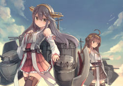 Rule 34 | 10s, 2girls, ahoge, bare shoulders, black hair, blush, boots, breasts, brown eyes, brown hair, detached sleeves, double bun, hair ornament, hairband, hairclip, hands on own hips, haruna (kancolle), headgear, isegawa yasutaka, japanese clothes, kantai collection, kongou (kancolle), long hair, looking at viewer, multiple girls, nontraditional miko, remodel (kantai collection), revision, skirt, smile, thigh boots, thighhighs, zettai ryouiki