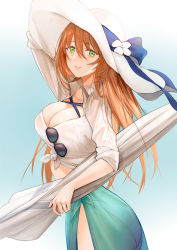 Rule 34 | 1girl, absurdres, bikini, bikini under clothes, blue background, breasts, cl (summer sama), cleavage, commission, girls&#039; frontline, gradient background, green eyes, hair between eyes, hat, highres, holding, holding umbrella, large breasts, long hair, official alternate costume, orange hair, parasol, parted lips, pixiv commission, raglan sleeves, shirt, smile, solo, springfield (girls&#039; frontline), springfield (stirring mermaid) (girls&#039; frontline), sunglasses, sunglasses removed, swimsuit, tied shirt, umbrella, unworn eyewear, white bikini, white hat, white shirt