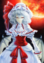 Rule 34 | 1girl, acrylic paint (medium), ascot, bad id, bad pixiv id, bat wings, capelet, curiosities of lotus asia, dress, embellished costume, fang, female focus, frills, full moon, hat, hat ribbon, moon, painting (medium), pale skin, red eyes, red moon, remilia scarlet, ribbon, silver hair, solo, touhou, traditional media, tsubugaai, wings