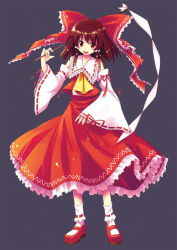 Rule 34 | 1girl, bare shoulders, bobby socks, bow, brown hair, detached sleeves, female focus, frills, full body, gohei, hair bow, hakurei reimu, japanese clothes, mary janes, miko, open mouth, red eyes, renee, ribbon, shoes, short hair, simple background, smile, socks, solo, standing, touhou