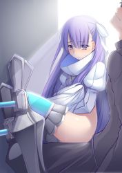Rule 34 | 1boy, 1girl, aqua thighhighs, armor, armored boots, ass, blue eyes, blush, boots, closed mouth, coat, fate/grand order, fate (series), fujimaru ritsuka (male), hair ribbon, haribote (desk of coulomb), juliet sleeves, long hair, long sleeves, meltryllis (fate), meltryllis (third ascension) (fate), nose blush, on lap, puffy sleeves, ribbon, sitting, solo focus, thighhighs, thighs, very long hair, wavy mouth, white coat, white ribbon