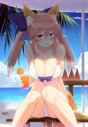 Rule 34 | 10s, 1girl, :3, animal ears, beach, bikini, blush, bow, breasts, cleavage, cloud, collarbone, cup, day, drinking glass, drinking straw, fate/extra, fate (series), food, fox ears, fox tail, fruit, hair bow, highres, large breasts, looking at viewer, naughty face, navel, official alternate costume, orange (fruit), orange slice, outdoors, palm tree, pink hair, revision, side-tie bikini bottom, sidelocks, sitting, sky, solo, starfish, subaru (794829485), sweat, swimsuit, table, tail, tamamo (fate), tamamo no mae (fate/extra), tamamo no mae (sexy bikini) (fate), tree, twintails, underboob, water, watermelon, white bikini, yellow eyes