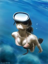Rule 34 | 1girl, bad id, bad pixiv id, belt, bikini, breasts, bubble, cleavage, closed mouth, diving, diving mask, fins, foreshortening, freediving, goggles, long hair, ocean, original, realistic, saver (artbysaver), solo, swimming, swimsuit, traditional media, underwater, weight belt