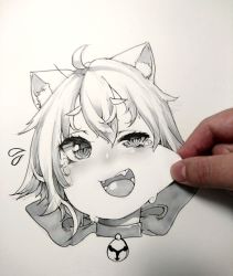 Rule 34 | 1girl, ahoge, animal ear fluff, animal ears, bell, blush, bow, bowtie, cheek pull, close-up, collar, commentary request, fangs, flying sweatdrops, greyscale, highres, looking at viewer, monochrome, neck bell, open mouth, original, photo (medium), pov, pov hands, sabusupi, short eyebrows, short hair, smile, solo focus, teardrop, tearing up, traditional media