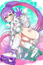 Rule 34 | 1girl, absurdres, bandaid, bandaid on leg, braid, braided bangs, breasts, chest belt, cleavage, colored inner hair, colored tips, commentary, demon girl, demon tail, demon wings, double-parted bangs, ear chain, earclip, english commentary, full body, gloves, gradient hair, green eyes, grin, hair between eyes, high ponytail, highres, hololive, knee pads, long hair, long sleeves, looking at viewer, loose socks, minus zero69, multicolored hair, official alternate costume, official alternate hairstyle, outstretched hand, pink hair, puffy long sleeves, puffy sleeves, purple hair, roller skates, see-through, see-through sleeves, shorts, shrug (clothing), skates, small breasts, smile, socks, solo, strapless, streaked hair, tail, thigh strap, tokoyami towa, tokoyami towa (5th costume), tube top, turtleneck, very long hair, virtual youtuber, waving, white footwear, white gloves, white shorts, white shrug, white socks, white tube top, white wings, wings