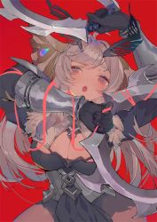 Rule 34 | 1girl, armor, black gloves, blush, braces, breasts, chakram, cleavage, crack, dual wielding, gloves, grey hair, highres, holding, holding weapon, long hair, mole, mole on breast, open mouth, original, pink eyes, red background, simple background, solo, t lege d, teeth, tongue, torn clothes, upper teeth only, weapon