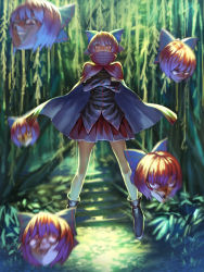 Rule 34 | 1girl, benitama, blurry, bow, cape, collaboration, covered mouth, crossed arms, depth of field, disembodied head, floating, hair bow, head, highres, open mouth, pisoshi, red eyes, red hair, sekibanki, shoes, short hair, skirt, smile, solo, stairs, touhou