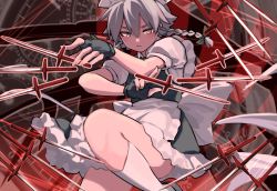 Rule 34 | 1girl, apron, back bow, blue skirt, blue vest, bow, braid, closed mouth, feet out of frame, fingerless gloves, frilled skirt, frills, gloves, grey hair, hair between eyes, highres, izayoi sakuya, kneehighs, knife, large bow, looking at viewer, maid headdress, medium hair, puffy short sleeves, puffy sleeves, red eyes, red theme, shirt, short sleeves, skirt, skirt set, socks, solo, touhou, touhou lost branch of legend, tuck (tuck23978434), twin braids, vest, waist apron, white apron, white bow, white shirt, white socks