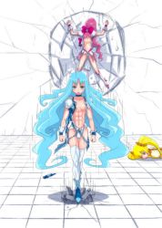 Rule 34 | 10s, 3girls, abs, blonde hair, blue eyes, blue hair, bow, breasts, brooch, crater, cure blossom, cure marine, cure sunshine, hanasaki tsubomi, heart, heart brooch, heartcatch precure!, isami jun, jewelry, kurumi erika, long hair, magical girl, multiple girls, muscular, myoudouin itsuki, pink bow, pink hair, precure, small breasts, thighhighs, torn clothes, very long hair, yellow eyes
