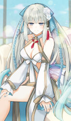Rule 34 | 1girl, absurdres, bare shoulders, bikini, blue eyes, blue hair, braid, breasts, cleavage, detached sleeves, fate/grand order, fate (series), flower, french braid, gold trim, hair flower, hair ornament, hair ribbon, highres, large breasts, long hair, long skirt, long sleeves, looking at viewer, morgan le fay (fate), morgan le fay (water princess) (fate), nakanohiro, ponytail, puffy long sleeves, puffy sleeves, ribbon, sidelocks, sitting, skirt, smile, solo, swimsuit, thighs, twin braids, very long hair, white bikini, white hair, white skirt