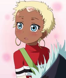 Rule 34 | 1girl, blonde hair, blouse, blue eyes, blush, chat (tales), dark skin, earrings, headpiece, jewelry, looking at another, open mouth, pink background, shirt, short hair, simple background, strap, striped clothes, striped shirt, tales of (series), tales of eternia, tomu (tomubobu), turtleneck, very short hair