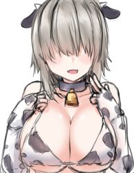 Rule 34 | 1girl, :d, animal ears, animal print, bell, bikini, black collar, blush, breasts, cleavage, collar, collarbone, commentary, cow ears, cow horns, cow print, cowbell, curled fingers, elbow gloves, fang, fingerless gloves, gloves, hair over eyes, highres, horns, kousi sirazawa, large breasts, long bangs, neck bell, open mouth, short hair, sideboob, sidelocks, silver hair, simple background, sketch, skin fang, smile, solo, swimsuit, underboob, upper body, uzaki-chan wa asobitai!, uzaki yanagi, v, white background