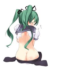 Rule 34 | 1girl, amamiso, ass, blush, closed eyes, female focus, full body, green hair, hair ribbon, hatsune miku, pantyhose, ribbon, school uniform, serafuku, simple background, sitting, solo, torn clothes, twintails, vocaloid, white background