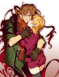 Rule 34 | 1boy, 1girl, belt, black gloves, black thighhighs, blonde hair, braid, breast press, breasts, brown hair, closed mouth, couple, cropped legs, eye contact, gloves, green pants, green shirt, height difference, hellsing, hug, kayama (fukayama), large breasts, looking at another, low twintails, military, military uniform, miniskirt, pants, pencil skirt, pip bernardotte, profile, red eyes, red shirt, red skirt, scarf, seras victoria, shirt, short hair, simple background, skirt, sleeves rolled up, taut clothes, taut shirt, thighhighs, twintails, uniform, vampire, zettai ryouiki