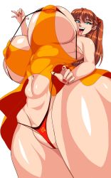 Rule 34 | 1girl, alcione makoto, alternate breast size, ass, bare legs, bare shoulders, bikini, bikini under clothes, breasts, cameltoe, clothes pull, curvy, dress, fang, fingernails, green eyes, highleg, highleg bikini, highres, huge breasts, interface headset, long hair, looking at viewer, micro panties, miniskirt, naughty face, navel, neon genesis evangelion, nipples, one-piece swimsuit pull, open mouth, panties, plump, print bikini, pussy, pussy peek, red bikini, redrawn, shiny skin, short dress, simple background, skirt, smile, solo, souryuu asuka langley, standing, string bikini, swimsuit, thigh focus, thong, tongue, tongue out, two side up, underwear, very long hair, white background, wide hips, yellow dress