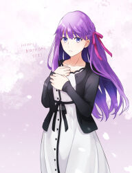 Rule 34 | 1girl, 2022, absurdres, black jacket, buttons, collarbone, commentary, dress, english commentary, english text, fate/stay night, fate (series), hair ribbon, happy birthday, heaven&#039;s feel, highres, jacket, long hair, long sleeves, looking at viewer, matou sakura, nakanohiro, official alternate costume, open clothes, open jacket, pink ribbon, purple eyes, purple hair, ribbon, solo, white dress