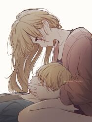 Rule 34 | 1boy, 1girl, blonde hair, brother and sister, cardigan, closed eyes, commentary request, hand on another&#039;s head, highres, hoshino aquamarine, hoshino ruby, lap pillow, long hair, looking at another, loose hair strand, oshi no ko, pink cardigan, pink eyes, rncchds, short hair, siblings, sleeping, smile, twins, white background