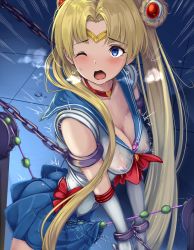 Rule 34 | 1girl, bdsm, bead sex machine, bishoujo senshi sailor moon, blonde hair, blue eyes, blue skirt, blush, bound, bound wrists, breasts, breath, chain, choker, circlet, cleavage, collarbone, commentary request, cowboy shot, crescent, crescent earrings, derivative work, double bun, earrings, elbow gloves, gloves, hair over shoulder, heart, heart choker, heavy breathing, highres, jewelry, long hair, looking at viewer, medium breasts, meme, monikano, nipples, one eye closed, open mouth, red choker, restrained, sailor moon, sailor moon redraw challenge (meme), school uniform, screenshot redraw, see-through, serafuku, sex machine, sex toy, skirt, solo, sweat, tsukino usagi, twintails, twitching, very long hair, vibrator