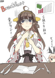 Rule 34 | 10s, 2girls, ahoge, blush, brown hair, chibi, cocaine, detached sleeves, drinking straw, drugs, drum (container), fork, health bar, kantai collection, knife, kongou (kancolle), long hair, multiple girls, nanahara fuyuki, nontraditional miko, shimakaze (kancolle), spoon, translation request, turn pale