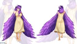 Rule 34 | 1girl, bare shoulders, bird legs, bow, braid, breasts, commentary, commission, dress, english commentary, feather hair, feathered wings, feathers, green eyes, harpy, heterochromia, highres, large breasts, likunea, long hair, monster girl, multiple views, original, patreon username, pointy ears, purple bow, purple feathers, purple wings, red-framed eyewear, semi-rimless eyewear, single braid, sleeveless, sleeveless dress, smile, talons, twitter username, white background, winged arms, wings, yellow dress, yellow eyes, zoom layer