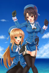 Rule 34 | 10s, 2girls, :d, absurdres, atago (kancolle), bad id, bad pixiv id, black gloves, black hair, black legwear, blonde hair, blue sky, blush, breasts, chien zero, d:, day, garter straps, gloves, green eyes, hat, highres, kantai collection, large breasts, multiple girls, open mouth, pantyhose, red eyes, ruler, sky, smile, takao (kancolle), thighhighs, uniform