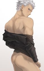 Rule 34 | 1boy, archer (fate), ass, back, bare shoulders, black shirt, bottomless, commentary request, cowboy shot, dark-skinned male, dark skin, fate/stay night, fate (series), from side, highres, long sleeves, looking at viewer, looking back, male focus, mondi hl, off shoulder, shirt, short hair, simple background, solo, standing