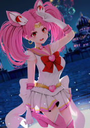 Rule 34 | 1girl, :d, absurdres, aerial fireworks, arm up, bishoujo senshi sailor moon, blurry, blurry background, blush, boots, bow, breasts, castle, chibi usa, choker, circlet, commentary, commission, crescent, crescent earrings, dutch angle, earrings, elbow gloves, english commentary, fireworks, gloves, hair ornament, hairpin, heart, heart choker, highres, jewelry, kirimatsu, leg up, magical girl, miniskirt, multicolored clothes, multicolored skirt, night, open mouth, parted bangs, pink footwear, pink hair, pink sailor collar, pleated skirt, red bow, red eyes, sailor chibi moon, sailor collar, salute, see-through, see-through sleeves, short sleeves, skirt, smile, solo, standing, standing on one leg, super sailor chibi moon, teeth, twintails, upper teeth only, water, white gloves