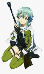 Rule 34 | full body, gun, highres, holding, holding weapon, official art, sinon, sitting, weapon
