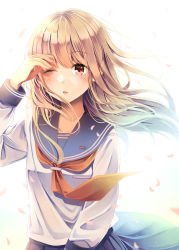 Rule 34 | 1girl, arm at side, arm up, blue sailor collar, blue skirt, blush, brown hair, commentary request, hair between eyes, long hair, long sleeves, looking at viewer, neckerchief, niichi (komorebi-palette), original, parted lips, pleated skirt, red eyes, red neckerchief, sailor collar, school uniform, serafuku, shirt, skirt, solo, very long hair, white shirt
