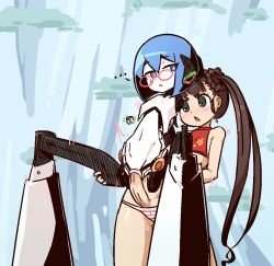 Rule 34 | 1futa, 1girl, android (sekaiju), android 4 (sekaiju), blue hair, brown hair, crop top, etrian odyssey, futa with female, futanari, glasses, joints, liveactors, monk (sekaiju), monk 2 (sekaiju), navel, panties, penis, pussy, reverse suspended congress, robot girl, robot joints, sekaiju no meikyuu, sekaiju no meikyuu 3, sex, sex from behind, short hair, stomach, striped clothes, striped panties, twintails, underwear, vaginal