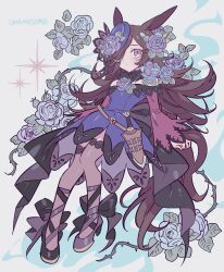 Rule 34 | 1girl, absurdres, animal ears, blue flower, blue hat, blue rose, brown hair, closed mouth, copyright name, dagger, dress, floral background, flower, full body, hair over one eye, hat, hat flower, high heels, highres, horse ears, horse girl, horse tail, knife, long hair, long sleeves, looking at viewer, meremero, off-shoulder dress, off shoulder, plant, purple dress, purple eyes, rice shower (umamusume), rose, shoes, solo, sparkle, standing, tail, thighhighs, thorns, tilted headwear, umamusume, very long hair, vines, weapon